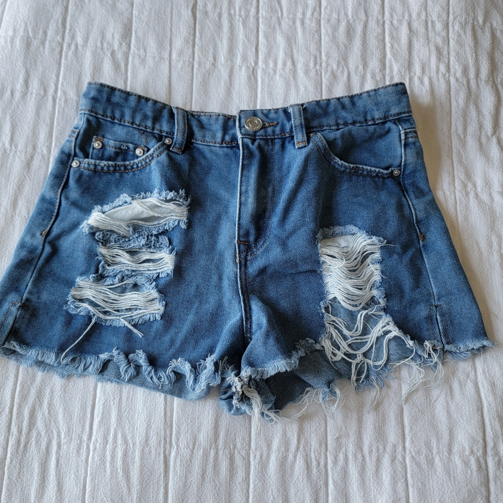BOGO Indigo Rein Medium Wash High Waist Distressed Jean Shorts Size 3/25